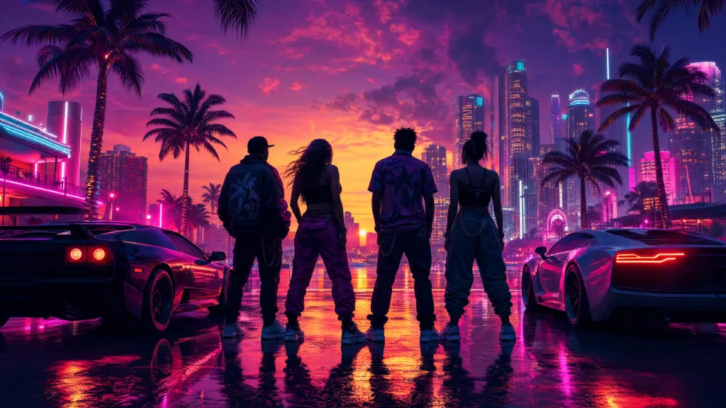 Wanted Six crew finder image showing GTA 6 players in a Vice City-inspired neon street with palm trees and skyline