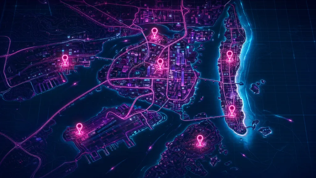 Wanted Six interactive GTA 6 map image with neon city grid, location pins and Vice City-inspired exploration