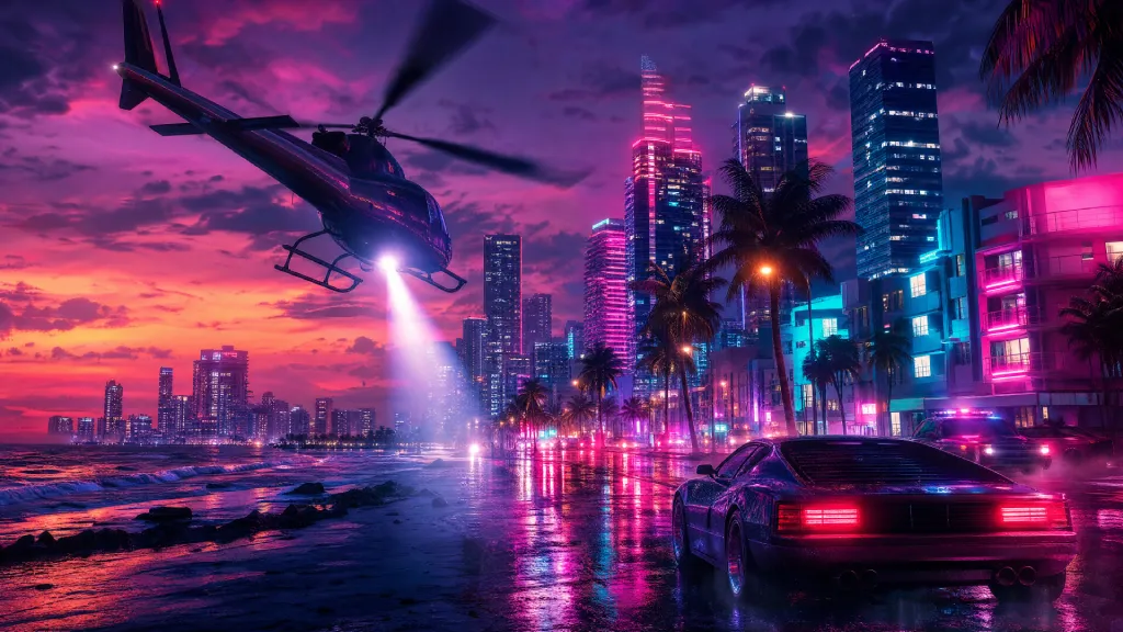 Vice City-inspired neon street with sports cars and nightlife for Wanted Six live GTA 6 intel and events