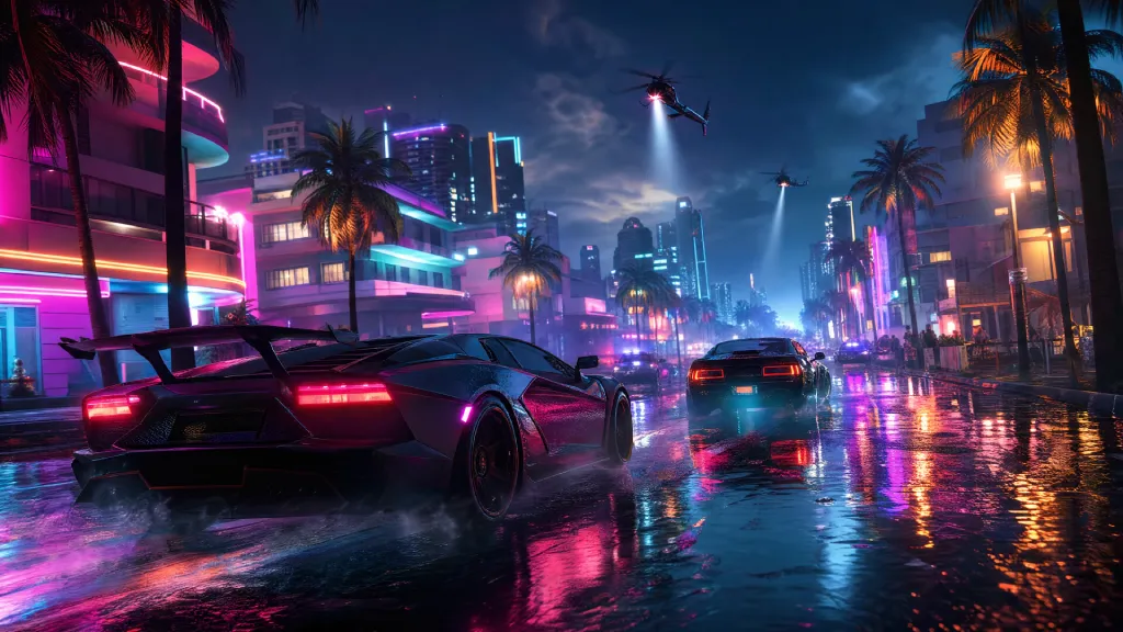 Vice City-inspired neon skyline with helicopter, wet streets and nightlife for Wanted Six GTA 6 news and updates